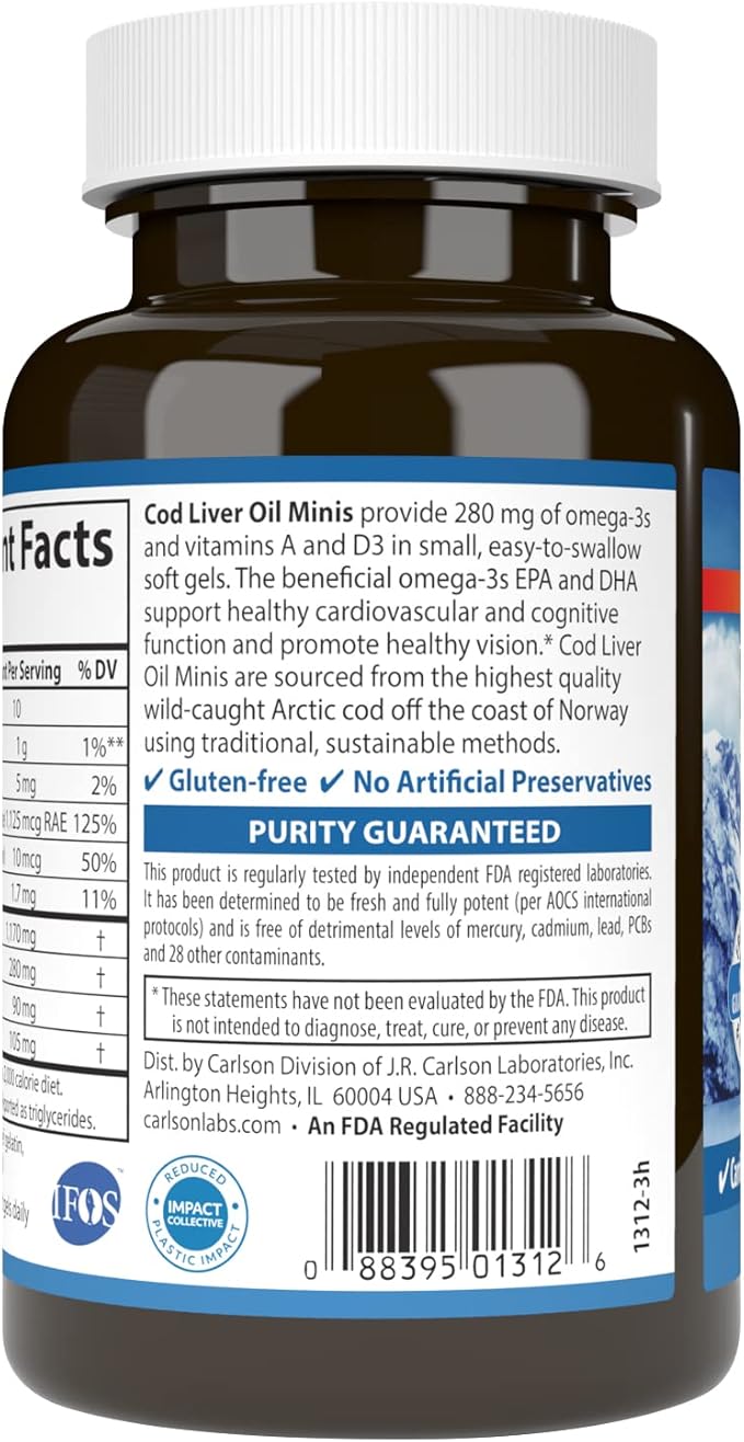 Carlson - Cod Liver Oil Minis, 280 mg Omega-3s + Vitamins A & D3, Heart Support & Cognitive Function, Vision Health, 250 Mini Soft Gels