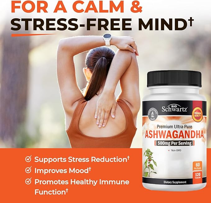 BioSchwartz Ashwagandha Supplements - Extra Strength Ashwagandha Capsules 500mg Per Serving - Gluten Free, Non-GMO, Made in The USA with Globally Sourced Ingredients, 60 Servings (120 Count)