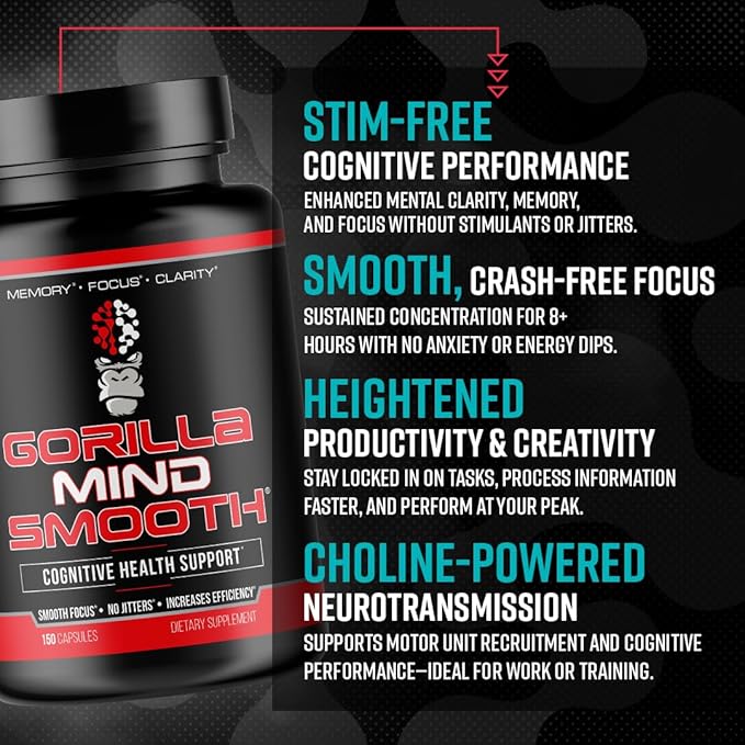 Gorilla Mind Smooth Nootropic Formula - Best Non-Stimulant Productivity Supplement/Memory · Focus · Mental Clarity · No Jitters / 90 Capsules