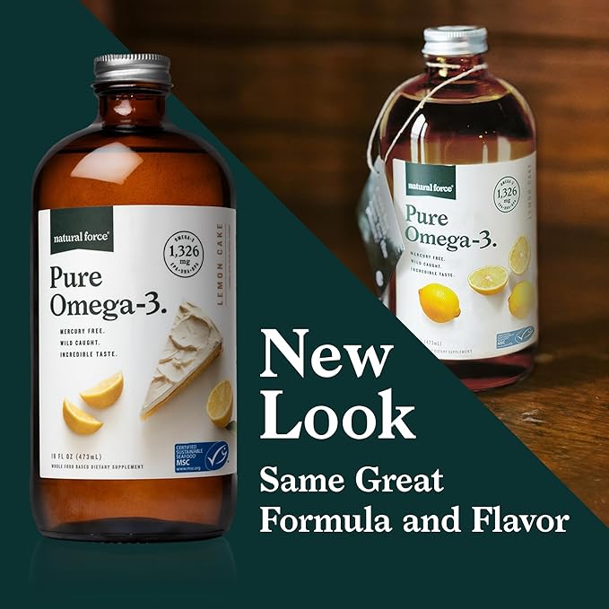Natural Force Pure Omega 3 - Liquid Fish Oil - Delicious Lemon Cake Flavor - Mercury Free, Wild Caught, Lab Tested - 1,326 mg Triglyceride EPA, DHA, & DPA - 16 Oz Glass Bottle
