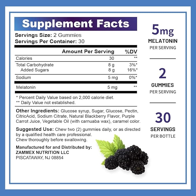 Zammex Melatonin Gummies 5mg | 60 Count | Sleep Supplement for Adult | Drug Free Sleep Aid Gummy | Natural Berry Flavor | Vegan, Non-GMO, Gluten Free