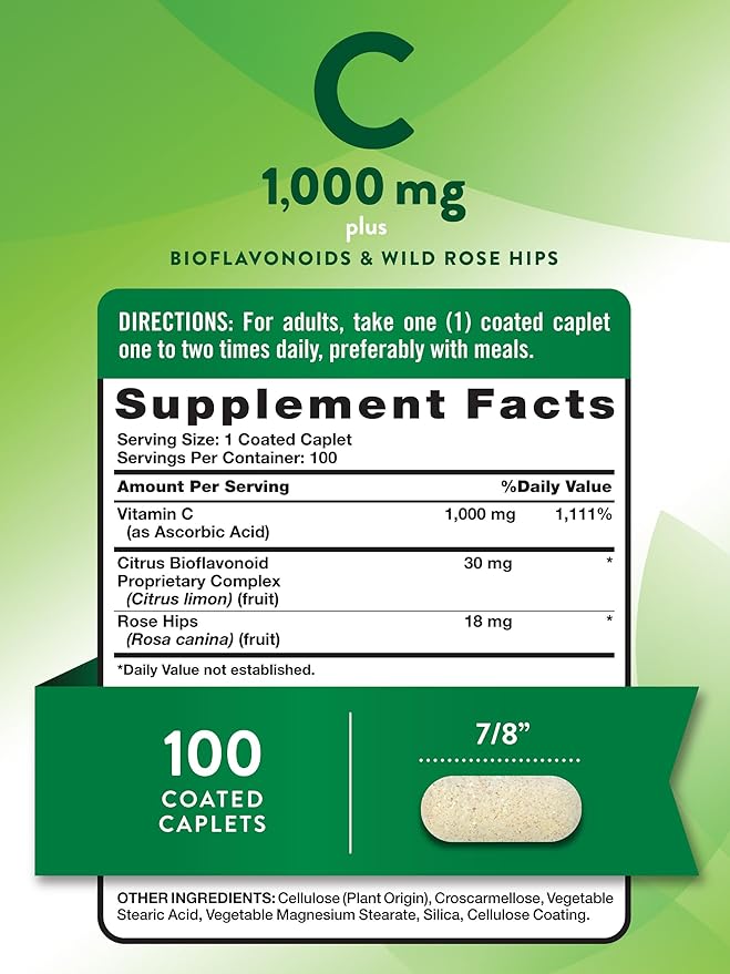 Nature's Truth Vitamin C Bioflavonoids & Rose Hips | 1000mg | 100 Caplets | Vegetarian, Non-GMO, & Gluten Free Supplement