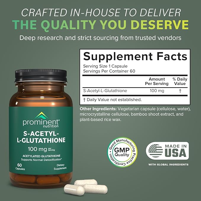 Prominent Nutrition S-Acetyl L-Glutathione Supplement - Clinically Researched Emothion® Acetylated Glutathione for Normal Liver Detoxification Support & Optimal Antioxidant Effect, 60 Vegan Capsules