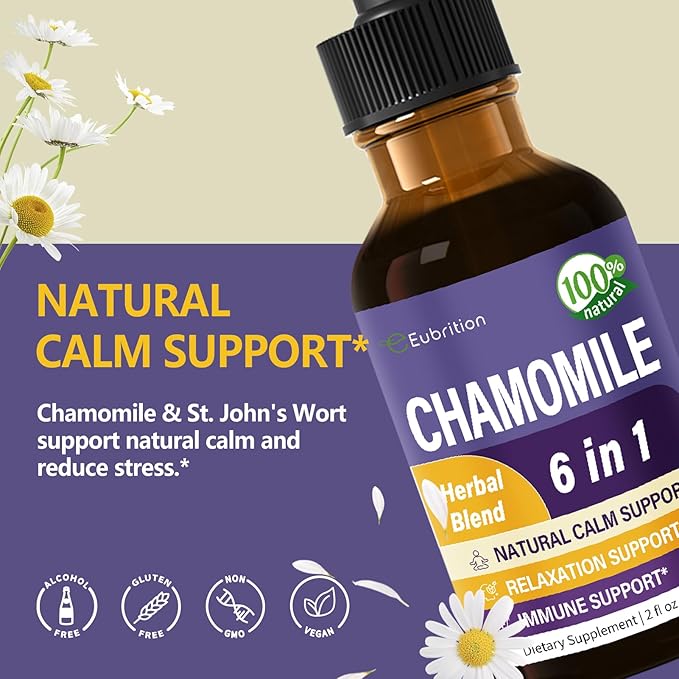 Chamomile herb Extract Drops, Natural Calm Herbal Tincture Supplement w/Passion Flower, St. John's Wort, Lavender, Reishi, & Echinacea for Relaxation Support & Immune Support. 2oz