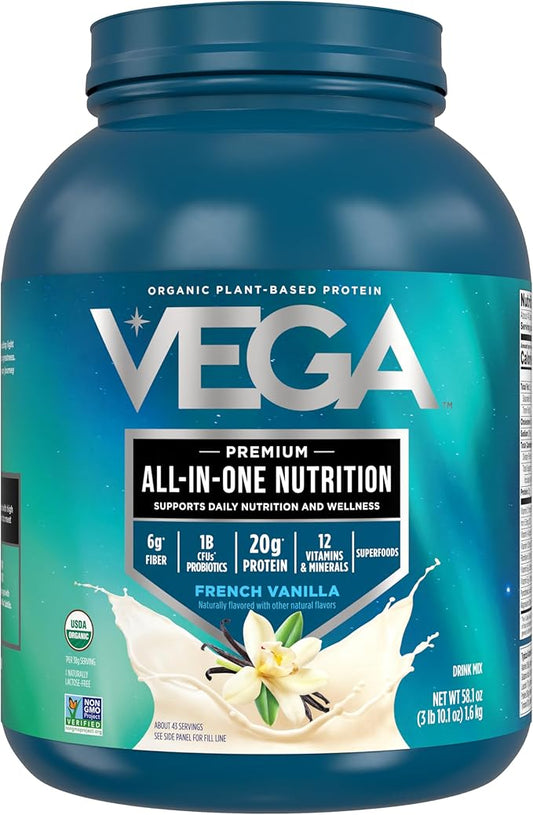 Vega Organic All-in-One Vegan Protein Powder, French Vanilla -Superfood Ingredients, Vitamins for Immunity Support, Keto Friendly, Pea Protein for Women & Men, 3.1 lbs (Packaging May Vary)