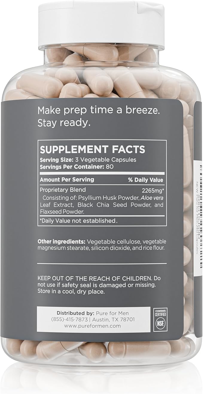 Pure for Men Original Cleanliness Stay Ready Fiber Supplement | Helps Promote Digestive Regularity | Psyllium Husk, Aloe Vera, Chia Seeds, Flaxseeds | Proprietary Formula | 60 Vegan Capsules
