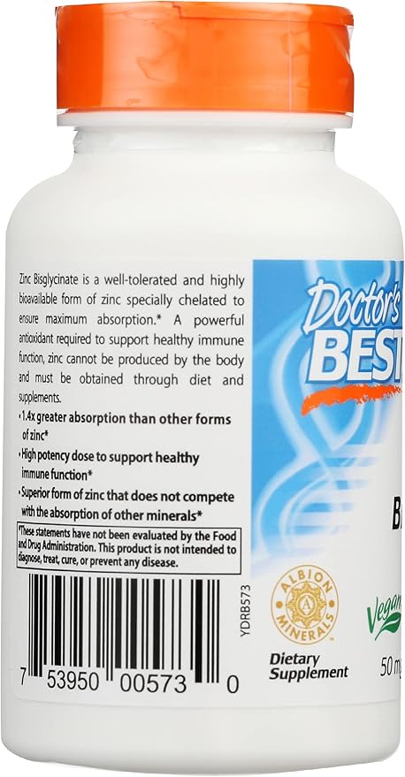 Doctor's Best Zinc Bisglycinate High Absorption 100% Chelated 50 MG, Non-GMO, Vegan, 90 Veggie Capsule (Pack of 1)