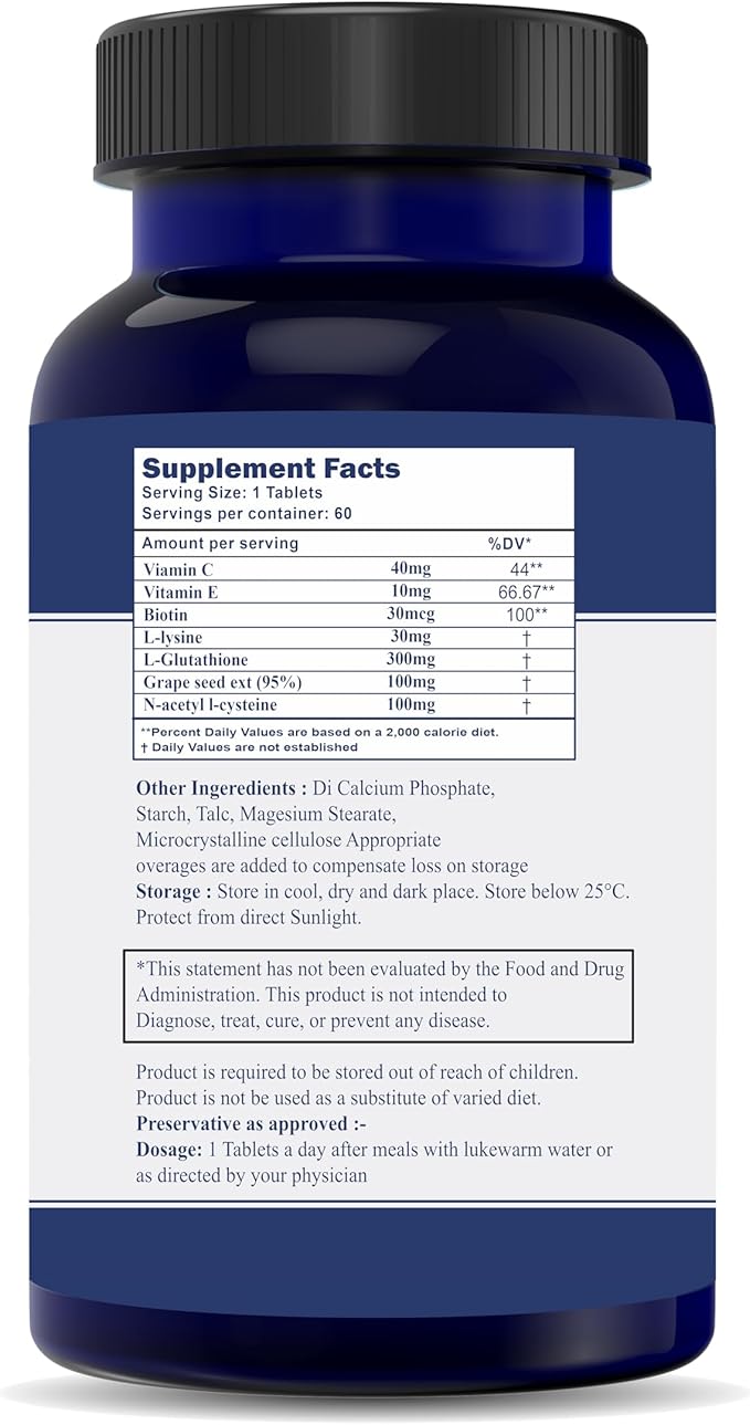LADYTONIC Tablet (L-GLUTOTHIONE500MG) Vitamin C Grape Seed Extract | Vitamin E Tablets - (Pack of 1, 60 Tablets Each)