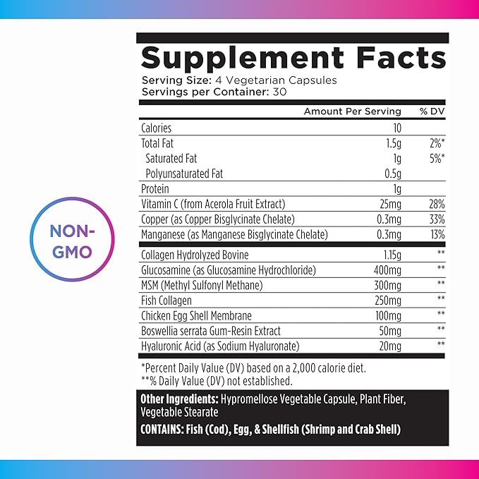 Livingood Daily Collagen Plus Joint Support - Grass-Fed Multi Collagen Peptides, Hyaluronic Acid, & MSM for Healthy Hair, Skin & Nails - Flexibility & Mobility - Keto, Gluten Free - 120 Capsules