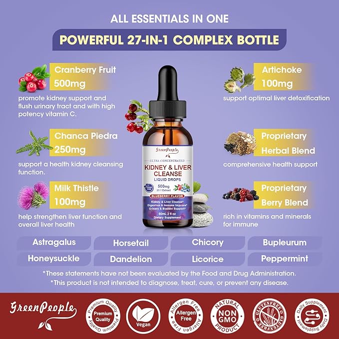 27-in-1 Kidney Cleanse Detox & Repair Drops - 20:1 Cranberry Extract & Chanca Piedra - Urinary Tract & Liver Cleanse - Vegan Kidney Support Supplement - Alcohol-Free, Non-GMO (2 Oz 3 Pack)