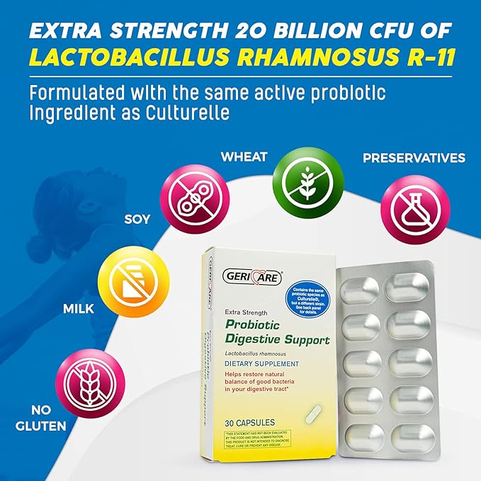 GeriCare Probiotic Digestive Support | Extra Strength 20 Billion CFU Lactobacillus Rhamnosus R-11 Daily Probiotic | Keeps Your Digestive System Balanced | 30 Capsules