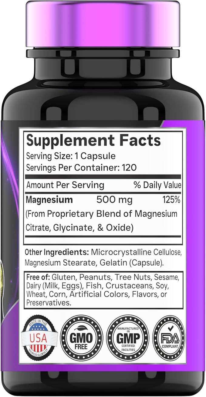 Triple Magnesium Complex Supplement 500mg: Magnesium Glycinate, Citrate, & Oxide - 120 Capsules (4 Month Supply!) | 1 Capsule Serving Provides 125% Daily Value | Non-GMO, Made in The USA!