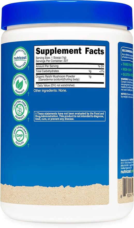 Nutricost Organic Reishi Mushroom Powder 0.5LB (8oz) - USDA Certified 100% Organic, Vegetarian, Non-GMO, Gluten Free