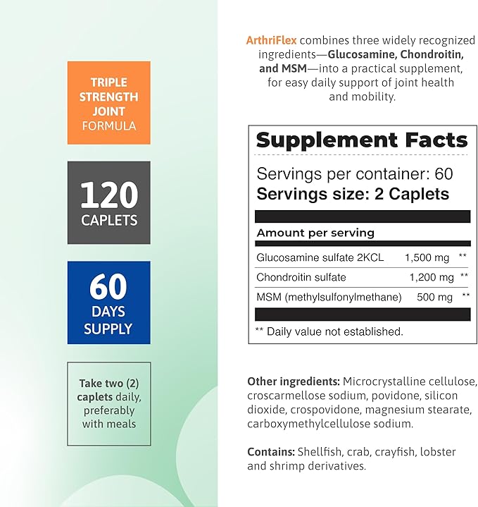 ArthriFlex Glucosamine Chondroitin MSM – Triple Strength Joint Support – Chondroitin Sulfate & MSM – Move Free & Heal and Soothe Arthritis Supplement – 120 Caplets for Mobility & Flexibility