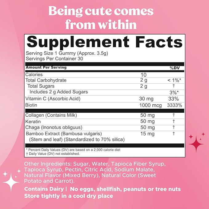 Super Cute Gummies - Mushroom Supplement for Teens - Healthy Hair, Skin, and Nails for Teenage Boys & Girls - Biotin, Chaga, Collagen Peptides, Keratin, Vitamin C, Bamboo Extract (30 Mushroom Gummies)