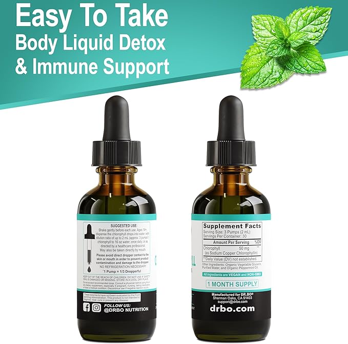 Chlorophyll Liquid Drops Body Detox - Vegan Liquid Chlorophyll Drops Odor Cleanse Supplement, Energy & Immune Support, Internal Deodorant, Body Deodorizing Supplement - Natural Deodorant Water 2 oz