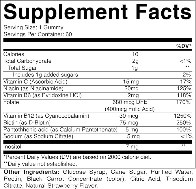 Vitamatic Vitamin B Complex Gummies with Vitamin C & Inositol - Natural Strawberry Flavor - 60 Gummies (3 Bottles)