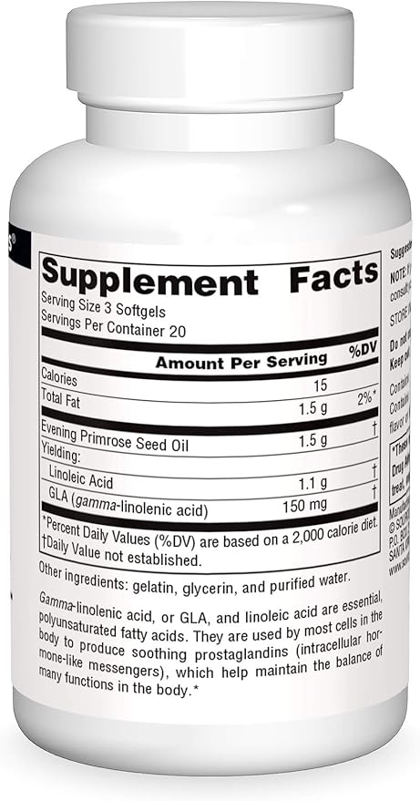 Source Naturals Evening Primrose Oil - Hexane-Free - 500mg - GLA Yield: 50 mg - Cold-Pressed - 60 Softgels