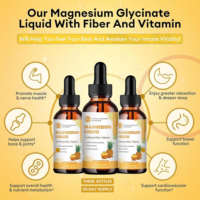 (3 Pack) Magnesium Glycinate Liquid Drops, High Absorption Magnesium Liquid with Bromelain, Vitamin B6 C D, Magnesium Supplement for Kids and Adults, Night & Muscle Support, Pineapple Flavor