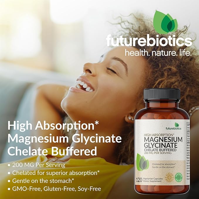 Futurebiotics Magnesium Glycinate 200 MG per Serving Chelated for High Absorption, Gentle On Stomach, Non-GMO, 120 Vegetarian Capsules