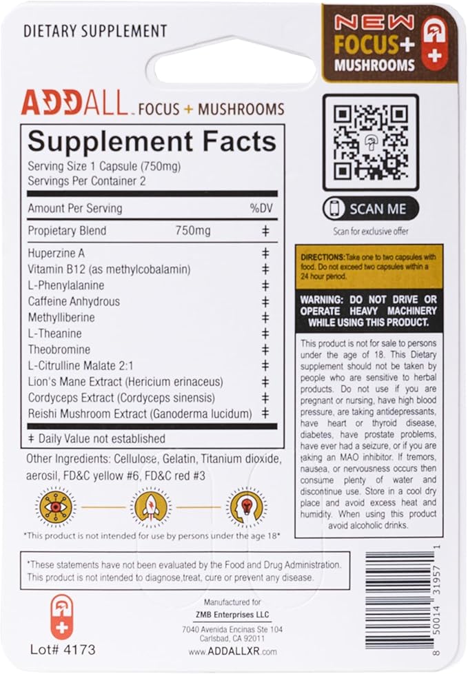 Focus + Mushrooms Memory Supplement (12 Pack) #1 Effective Alternative Brain Supplement Substitute Pills Nootropic & Energy | No Crash | Science Backed Formula | USA Made