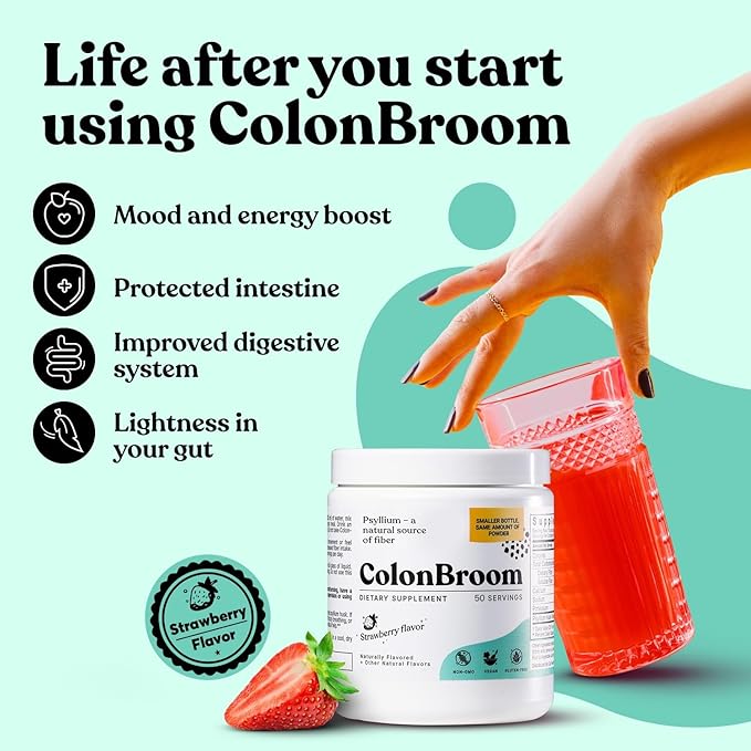 ColonBroom Psyllium Husk Powder (Strawberry, 50 Servings) + Mushroom Complex, Powerful Mushroom Blend with Cordyceps, Reishi, Shiitake, Lion’s Mane Extract for Energy, Immunity (60 Capsules)