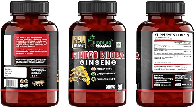 Ginkgo Biloba & Korean Ginseng Supplement – 700mg with Siberian Eleuthero Supports Brain Function, Energy, & Immune – 90 Capsules