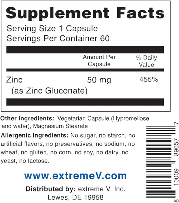 Gluzin OTC ZINC - Gluzin - Pharmaceutical Grade Zinc, 50mg, (2 Bottles - 120 Capsules)