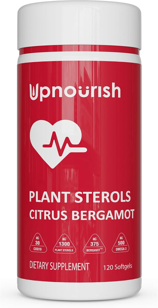 UpNourish Plant Sterols Citrus Bergamot Supplement for High Cholesterol with Stanols, Heart Health Support with CoQ10, Omega 3, Olive Leaf, Turmeric Curcumin, Black Garlic and Niacin - 120 Softgels