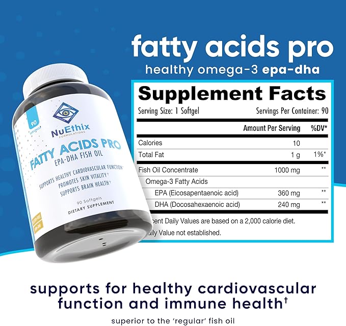 NuEthix Formulations Fatty Acids Pro EPA-DHA Fish Oil Dietary Supplement, Super Concentrated and Purified Fish Oil Blend for Optimal Wellness, 90 Gel Capsules