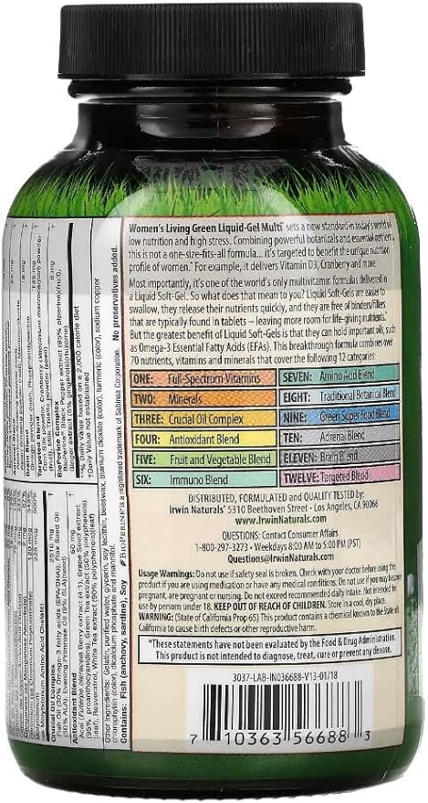 Irwin Naturals Women's Living Green Liquid-Gel Multi Vitamin - 90 Liquid Softgels - 70 Essential Nutrients, Full-Spectrum Vitamins, Wholefood Blend - Targeted Adrenal & Brain Support-30 Total Servings