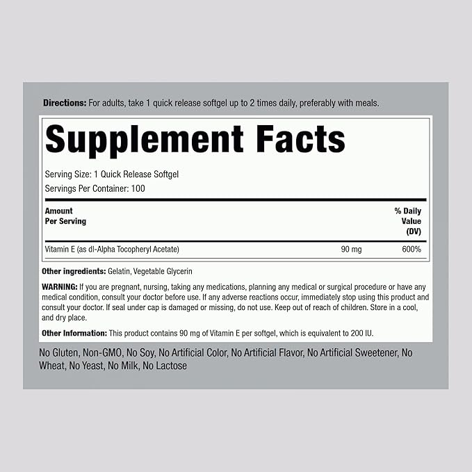 Piping Rock Vitamin E 200 IU | 90mg | 100 Softgel Capsules | High Potency Supplement | Non-GMO, Gluten Free