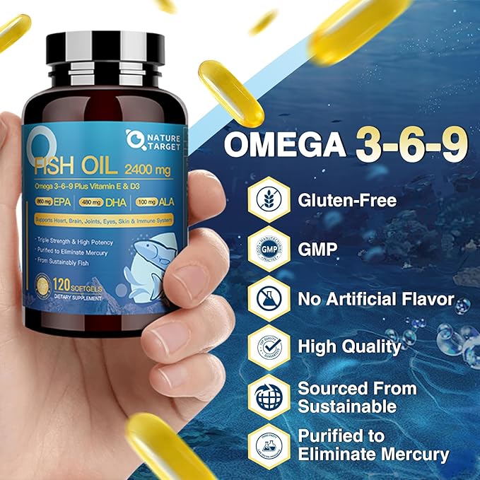 NATURE TARGET Triple Omega 3 6 9, Fish Oil 2400mg Softgels with Vitamin D3 & E - EPA & DHA & ALA - Supports Heart, Brain, Joint & Immune Health, Sustainably Sourced, Non-GMO