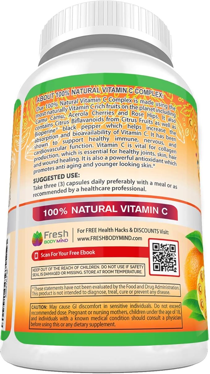 Fresh Healthcare 100% Natural Vitamin C - 500mg from Rose HIPS, Acerola Cherry & Camu Camu - High Absorption Immune Support, Skin, Joint & Collagen Booster with Citrus Biflavonoids - 120 Capsules