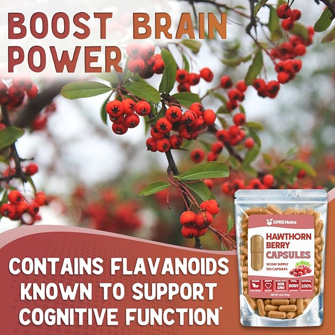 XPRS Nutra Hawthorn Berry Capsules - 180 Count (90 Day Supply) of Premium USDA Hawthorne Berry Capsules for Cardiovascular Support - Vegan Friendly Hearth Health Supplement