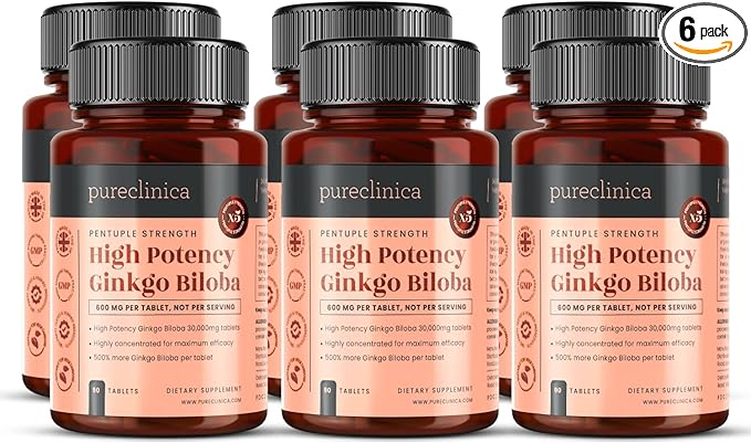 pureclinica High Potency Ginkgo Biloba 30,000mg x 540 Tablets (6 Bottles of 90) - 18 Months Supply - 5 Times The Strength of Competitor Products