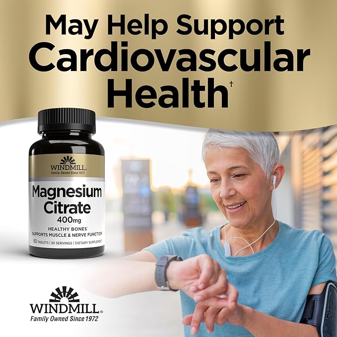 Windmill Natural Vitamins Magnesium Citrate 400 mg, Immune Support, Supports Muscle Recovery, Supports Healthy Heart, 60 Count, 30 Servings