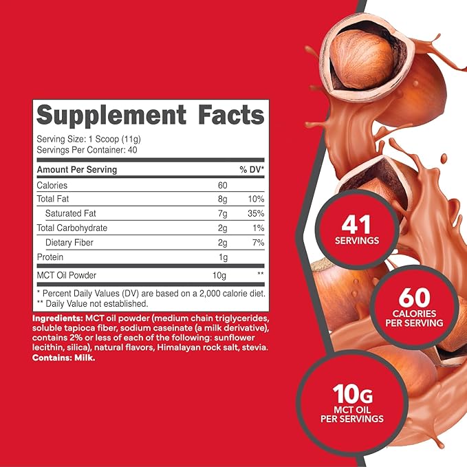 Ketologic MCT Oil Powder (1 LB) (Hazelnut Cream) - 40 Servings, Medium Chain Triglycerides Powder Supplement