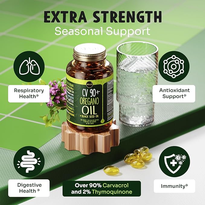 Maju Superfoods Oil of Oregano with Black Seed Oil Capsules, 2-in-1 Softgel, Potent 90%+ Carvacrol, High Thymoquinone, 60 Count, 500mg per Serving, Wild Oregano and Black Seeds
