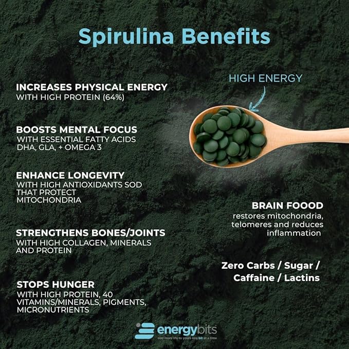 ENERGYBITS - Organic Spirulina Tablets - Plant-Based Algae Superfood - for Focus, Fitness, Energy - Plant Protein - Gluten Free - Collagen, Vitamin B12, Omega 3 - Keto & Vegan - 1000 Algae Tablets