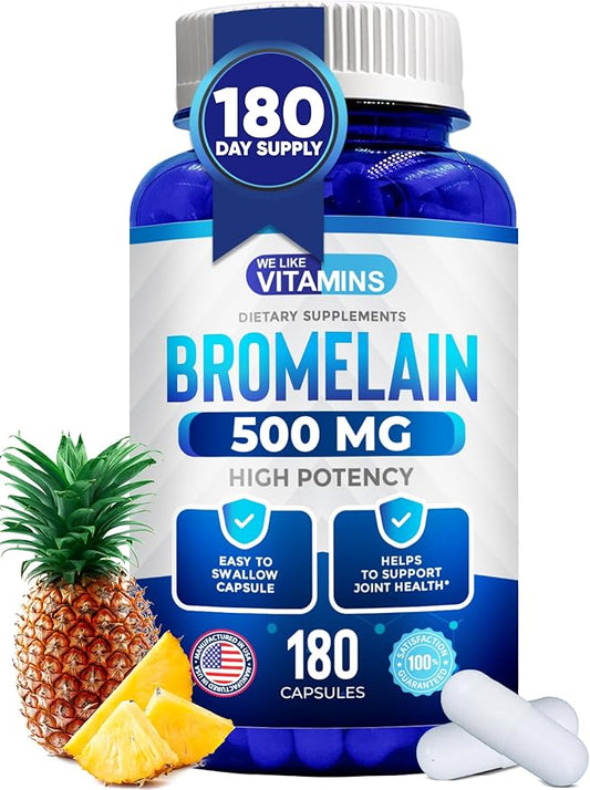 We Like Vitamins Bromelain 500mg Capsules - 1200 GDU/Serving - Bromelain Supplement from Pineapple Extract - Proteolytic Enzymes for Digestion, Absorption, Joint Pain, Muscle Soreness - 180 Capsules