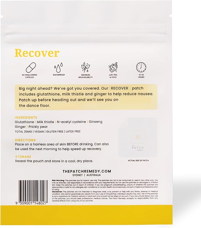 Recover Patch - 30 Topical Patches for a Night Out with Glutathione & Milk Thistle Extract for Pre & Post Party Recovery Relief Transdermal Skin Support
