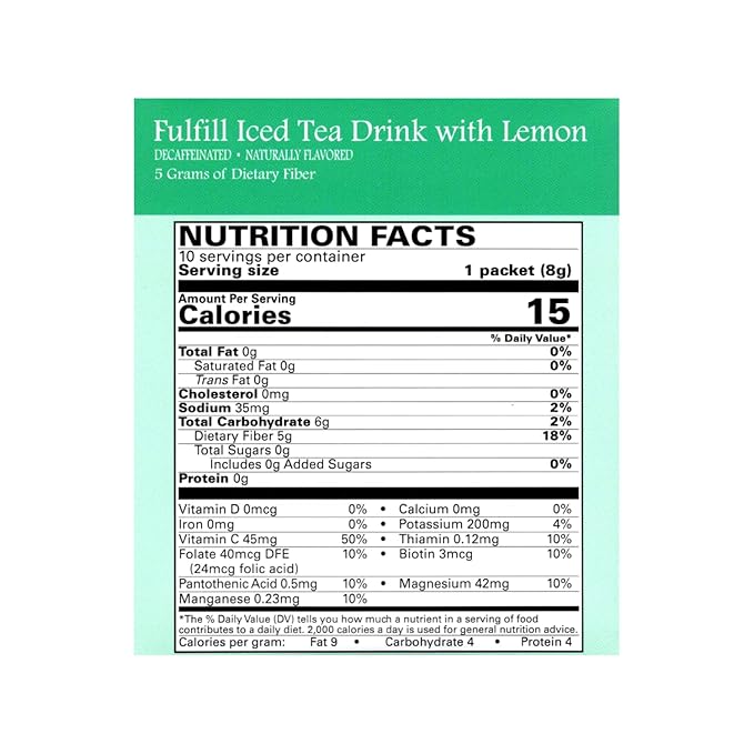 Nutmeg State Nutrition - Fulfill High Fiber Drink Mix, Low Calorie, Fat Free, Decaffeinated, Sugar Free, Naturally Flavored, Protien, Aspartame Free, 10 Servings Per Box (Iced Tea w/ Lemon)
