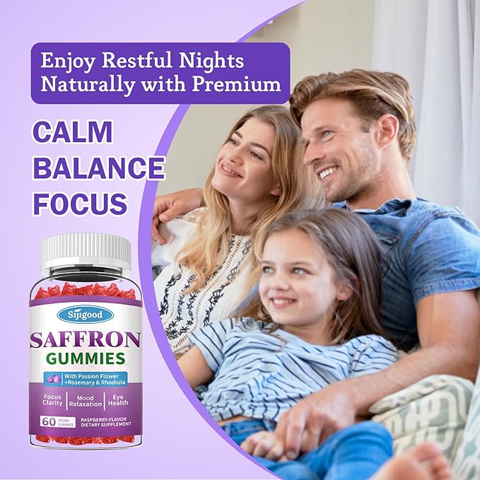Saffron Gummies - Sugar Free Saffron Supplement for Men Women Mood Support Supplement with Saffron Extract, Passion Flower, Magnesium & Vitamins for Relaxation, Focus, Raspberry Flavor, 120 Count