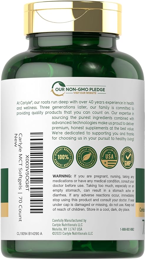 Carlyle MCT Oil Capsules | 3600mg | 70 Softgels | Keto Coconut Oil | with Caprylic & Capric Acid | Non-GMO and Gluten Free Supplement