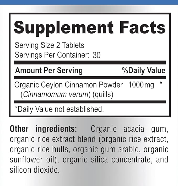 Organic Ceylon Cinnamon - 1000mg per Serving, Certified Organic True Cinnamon Supplement, antioxidant, Fast Absorption - 60 Tablets