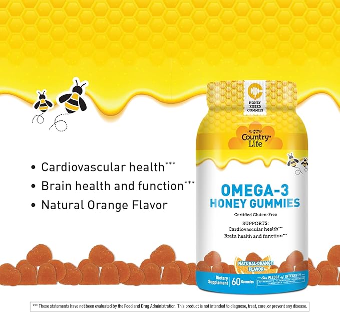 Country Life Omega-3 Honey Gummies - Non-GMO - Certified Gluten Free - to Support Cardiovascular Health, Brain Health and Function***