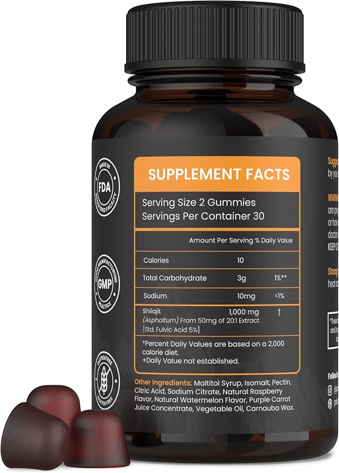 Pure Sundried Himalayan Shilajit Gummies for Men & Women | Organic Shilajit Gummies | Natural 85 Plus Trace Minerals Fulvic Acid | Energy, Immunity | Sugar-Free 60 Healthy Gummies