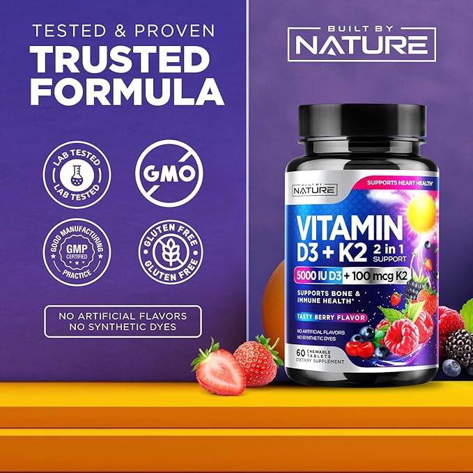 Vitamin D3 K2 – Chewable Vitamin D 5000 IU & K2 MK-7 100 mcg – 2 in 1 Vitamin D K2 Supplement Chews - Immune, Heart, & Bone Support – Non GMO - Tasty Berry Flavor - 60 Chewable Tablets