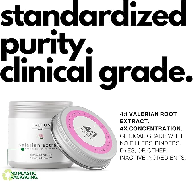 Valerian Root 4:1 Extract Capsules 750mg – Optimized Active Purity – 4X Concentration Valerian Root Extract Supplement - Gluten Free, Non-GMO – Promotes Relaxation - 60 Capsules